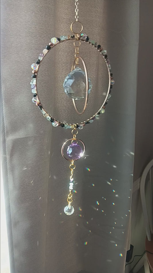 Crystal Quartz suncatcher Boho Chic with 3 rainbow maker prisms