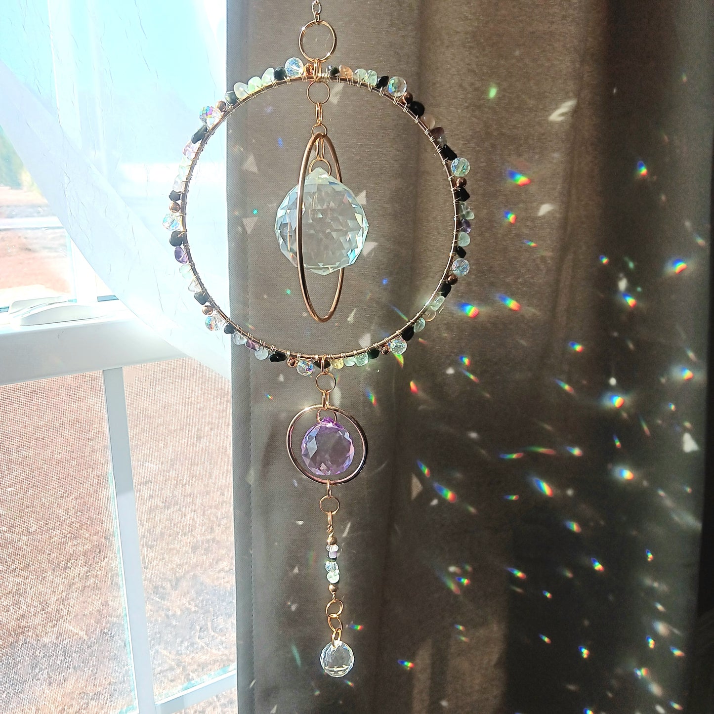 Crystal Quartz suncatcher Boho Chic with 3 rainbow maker prisms