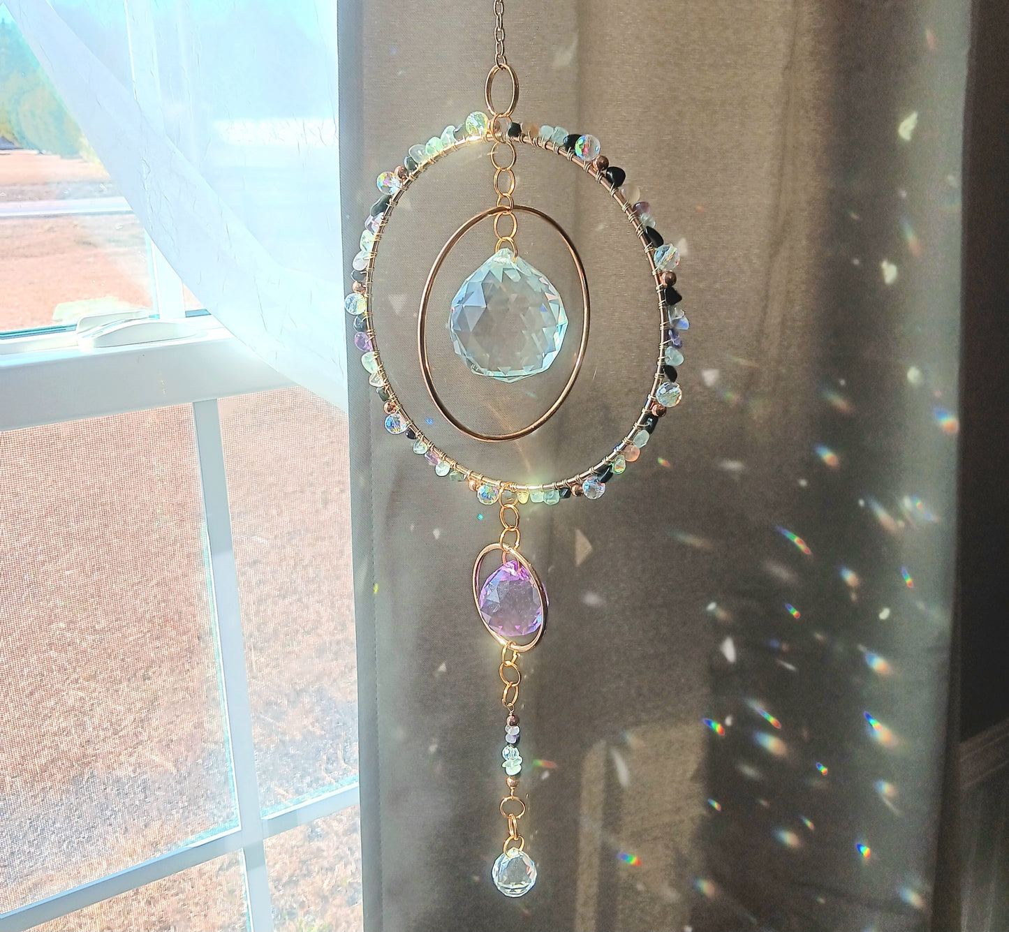Crystal Quartz suncatcher Boho Chic with 3 rainbow maker prisms