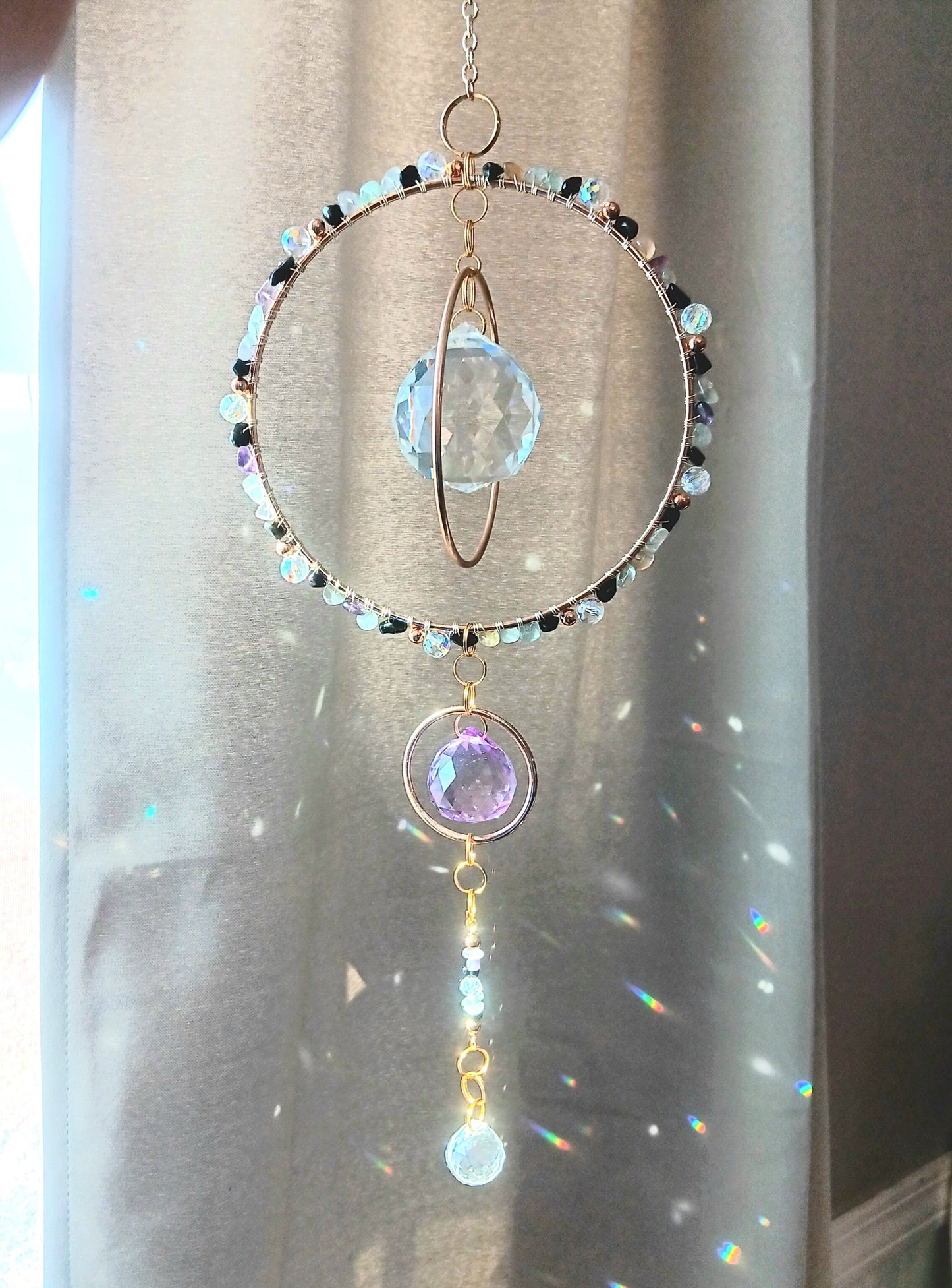 Crystal Quartz suncatcher Boho Chic with 3 rainbow maker prisms