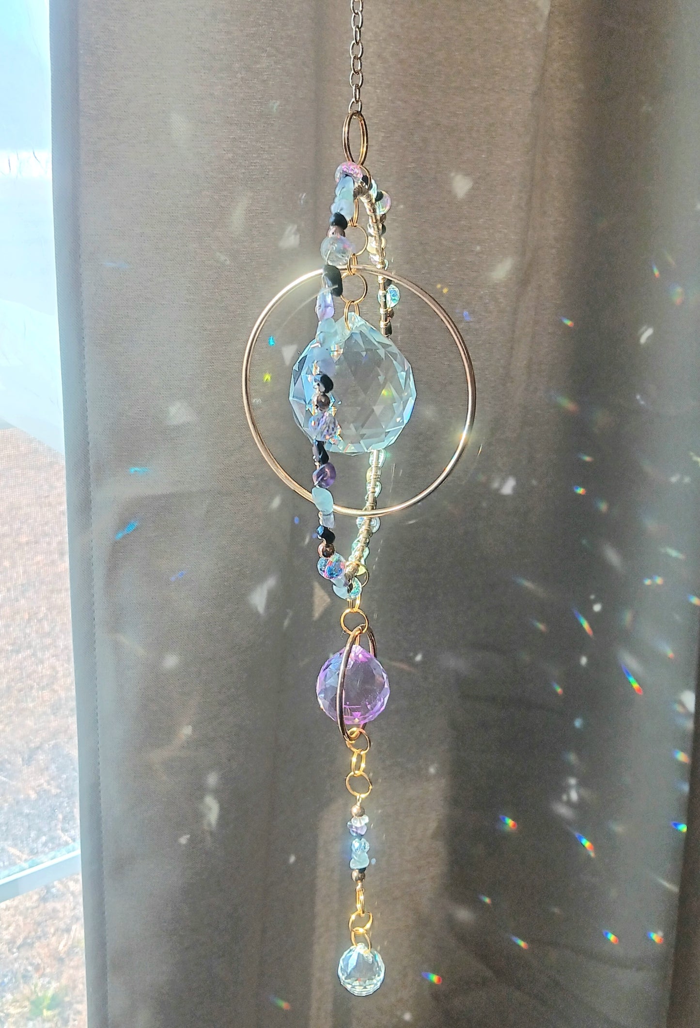 Crystal Quartz suncatcher Boho Chic with 3 rainbow maker prisms