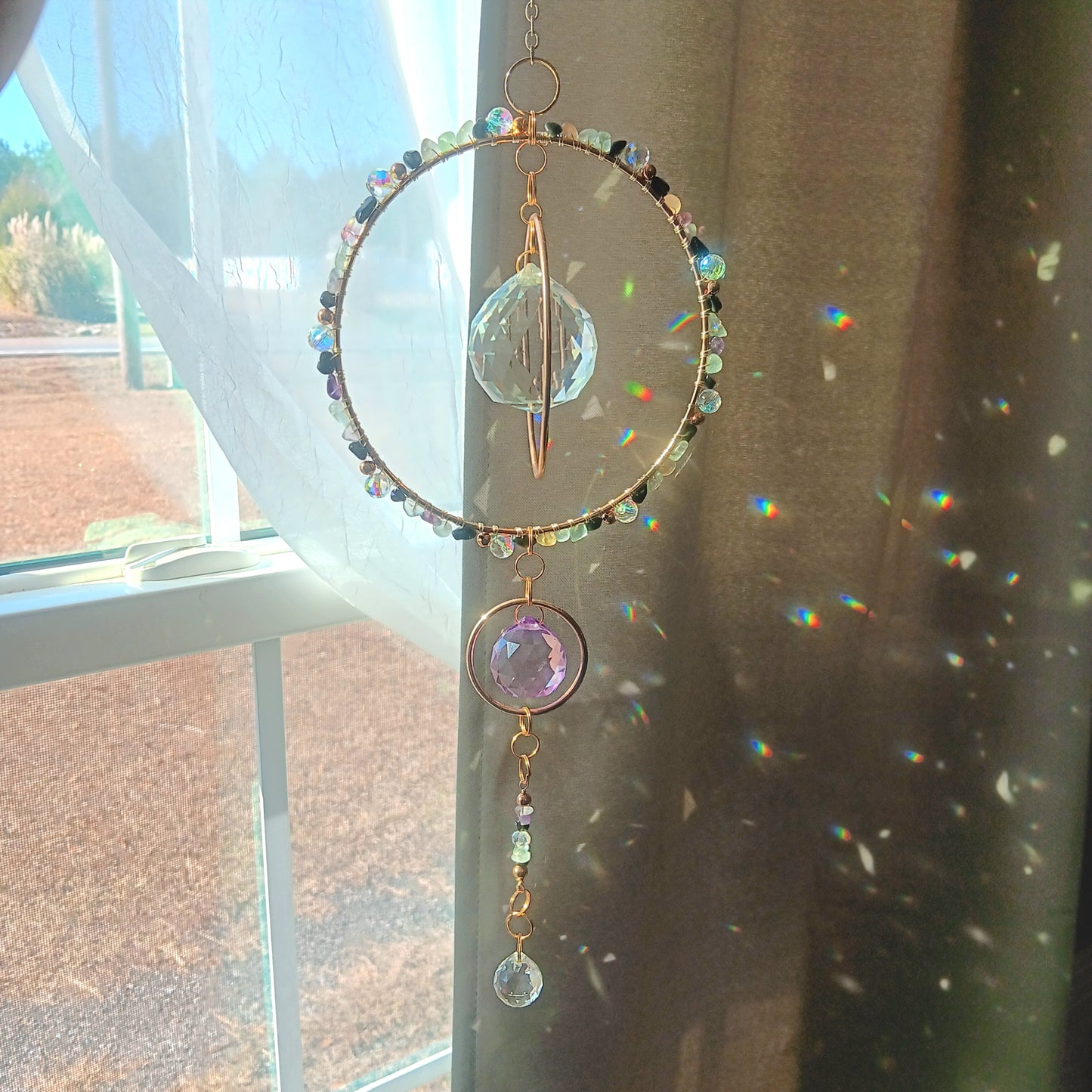 Crystal Quartz suncatcher Boho Chic with 3 rainbow maker prisms