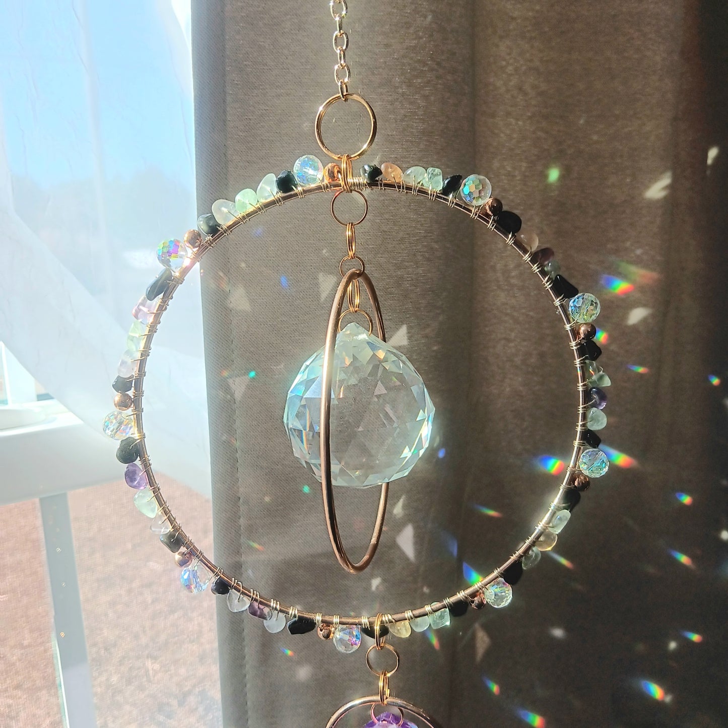 Crystal Quartz suncatcher Boho Chic with 3 rainbow maker prisms
