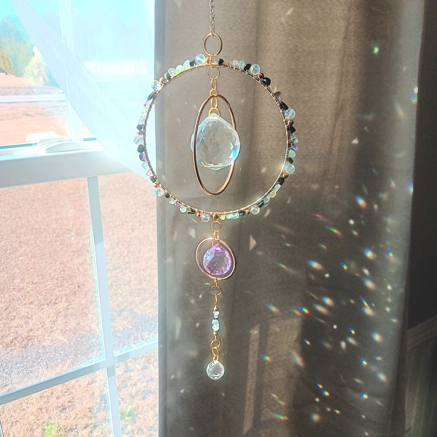 Crystal Quartz suncatcher Boho Chic with 3 rainbow maker prisms