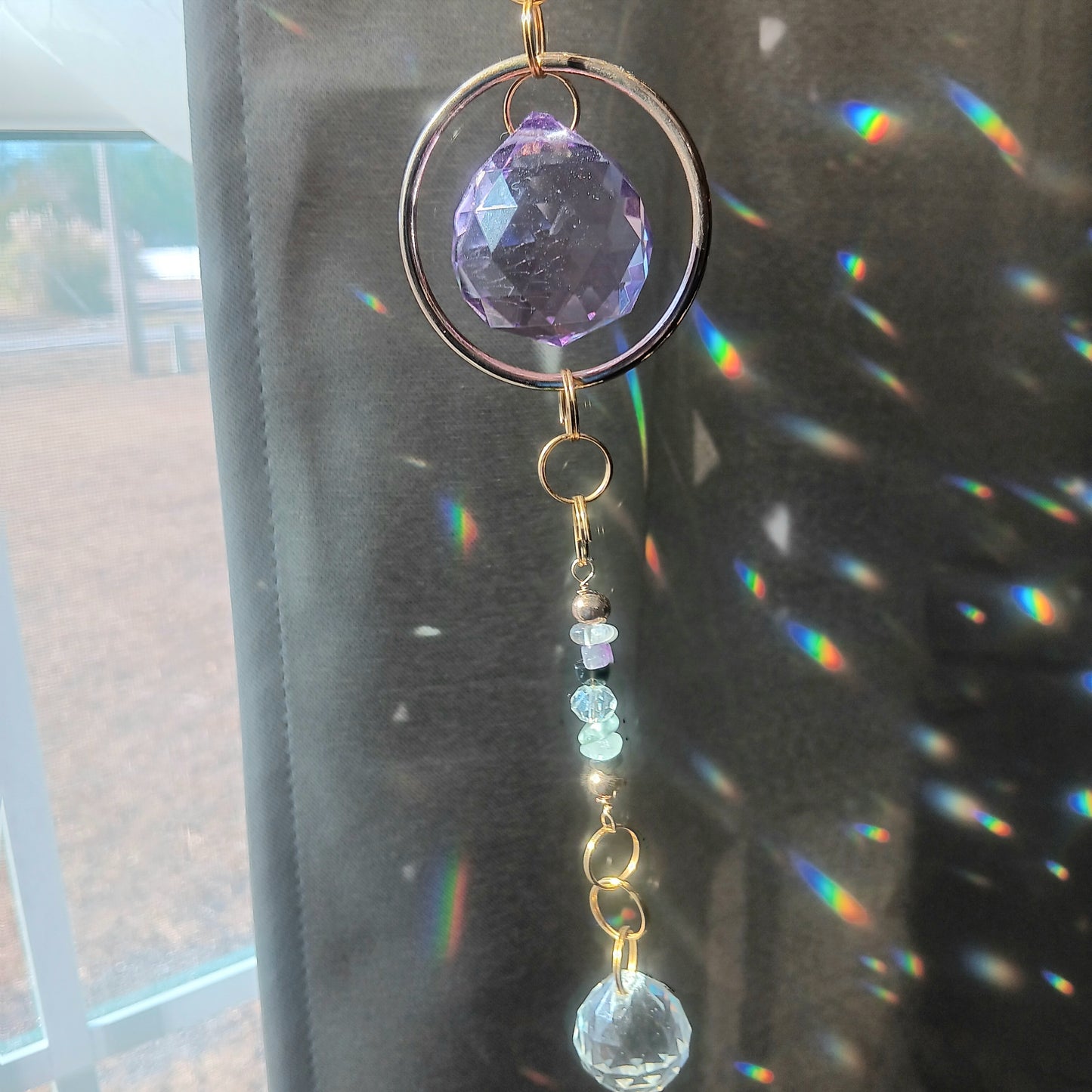 Crystal Quartz suncatcher Boho Chic with 3 rainbow maker prisms