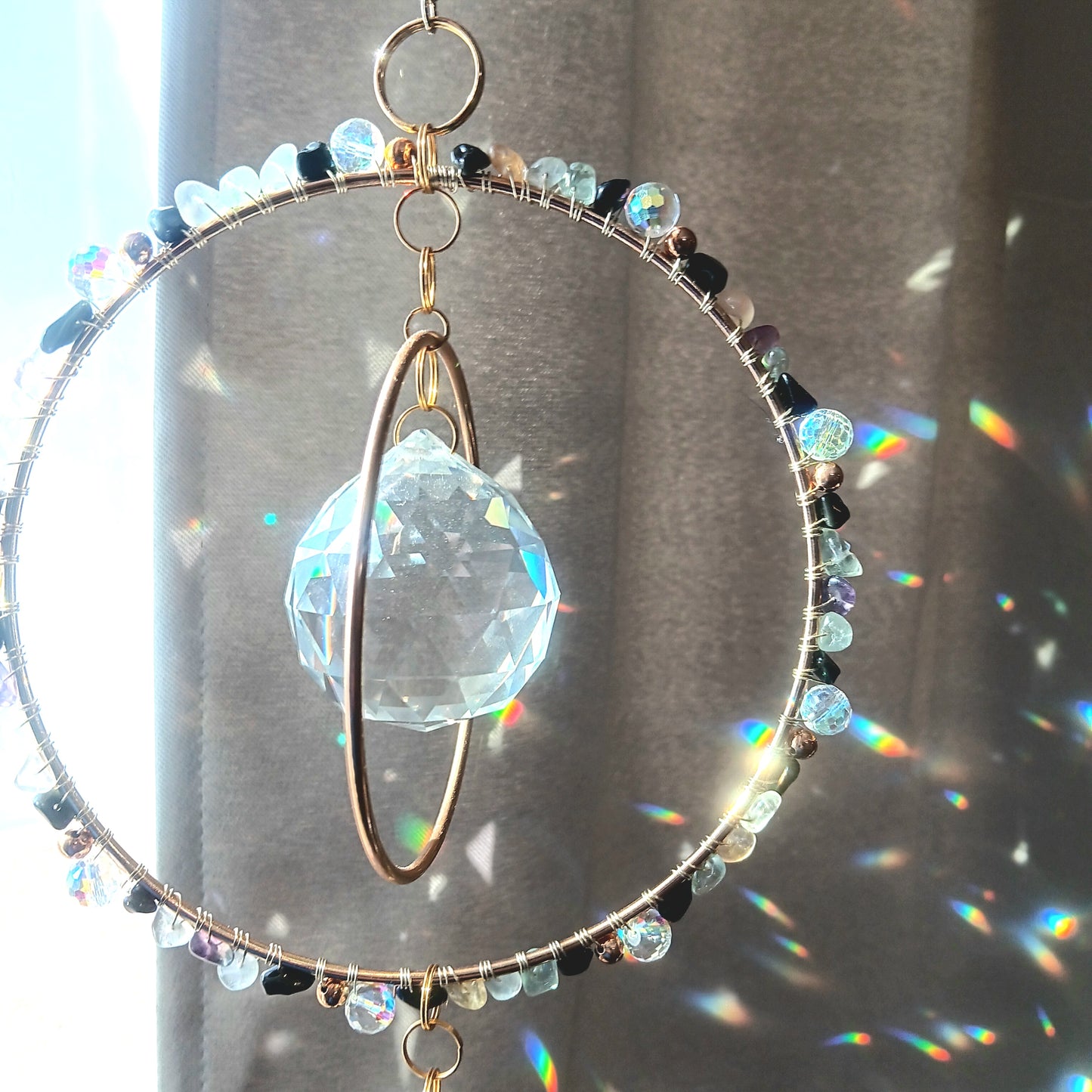 Crystal Quartz suncatcher Boho Chic with 3 rainbow maker prisms