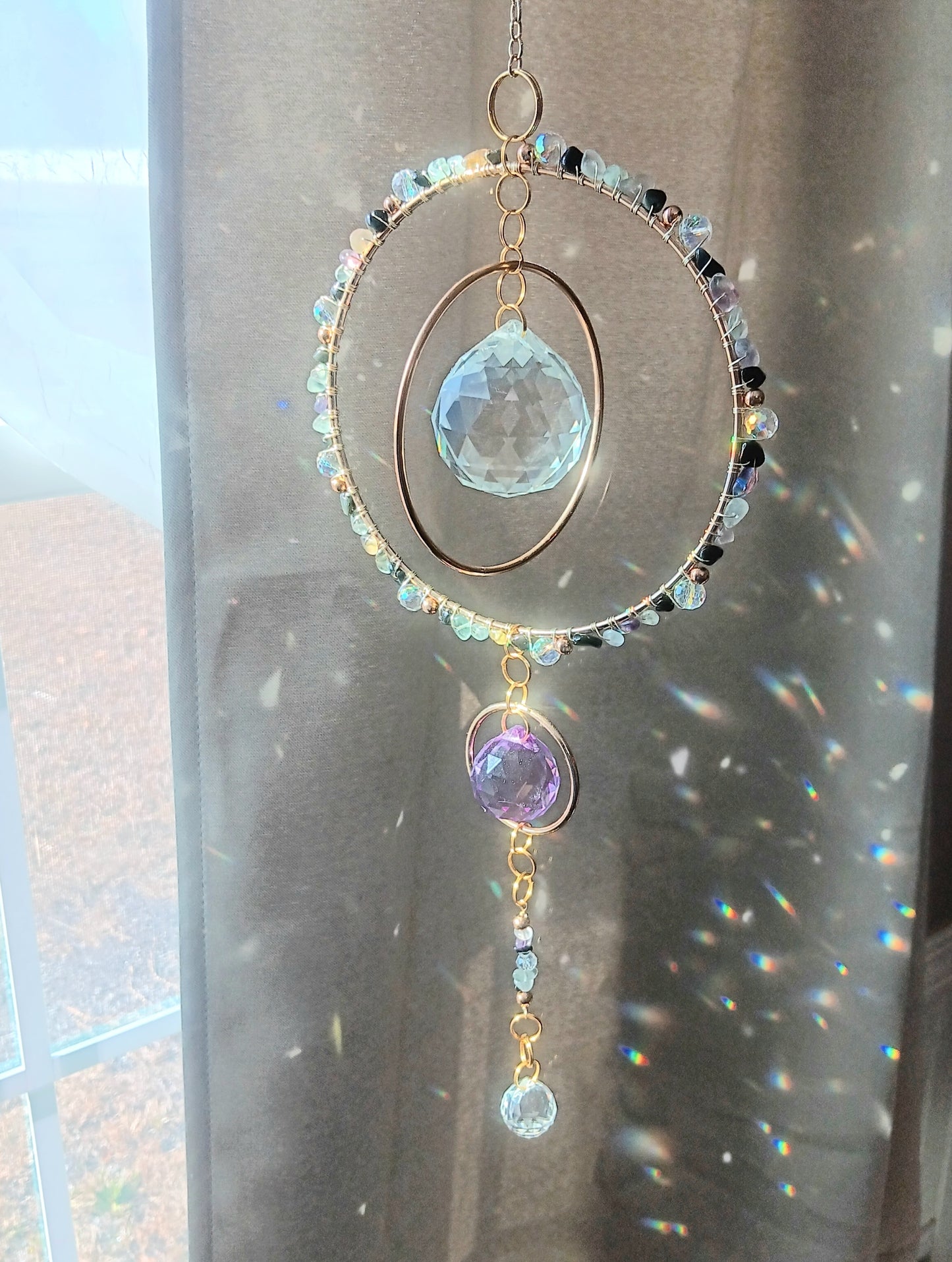 Crystal Quartz suncatcher Boho Chic with 3 rainbow maker prisms