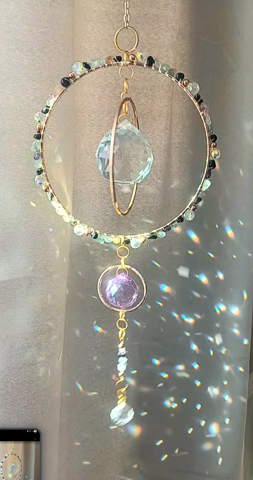 Crystal Quartz suncatcher Boho Chic with 3 rainbow maker prisms