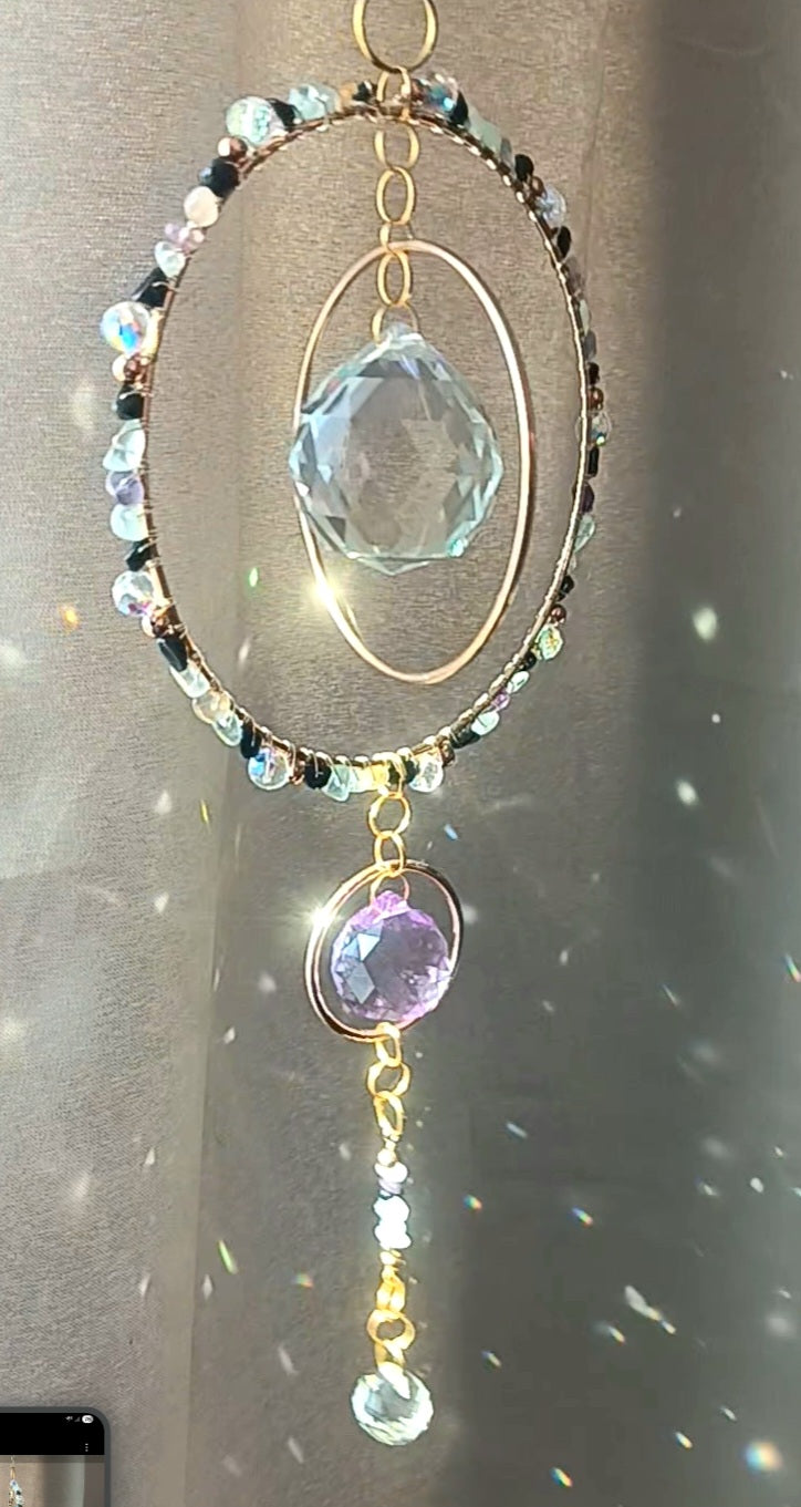 Crystal Quartz suncatcher Boho Chic with 3 rainbow maker prisms
