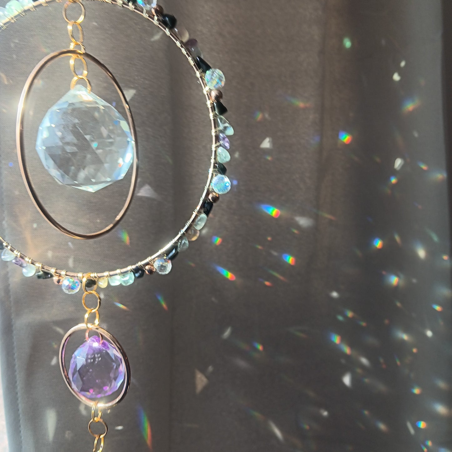 Crystal Quartz suncatcher Boho Chic with 3 rainbow maker prisms