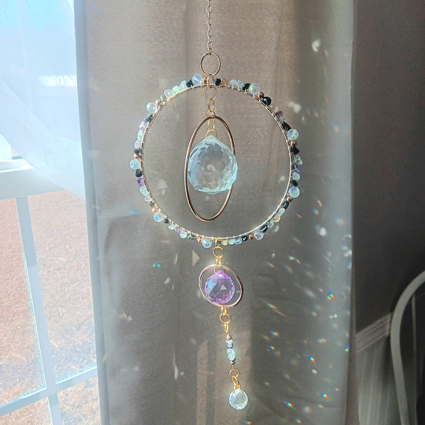 Crystal Quartz suncatcher Boho Chic with 3 rainbow maker prisms