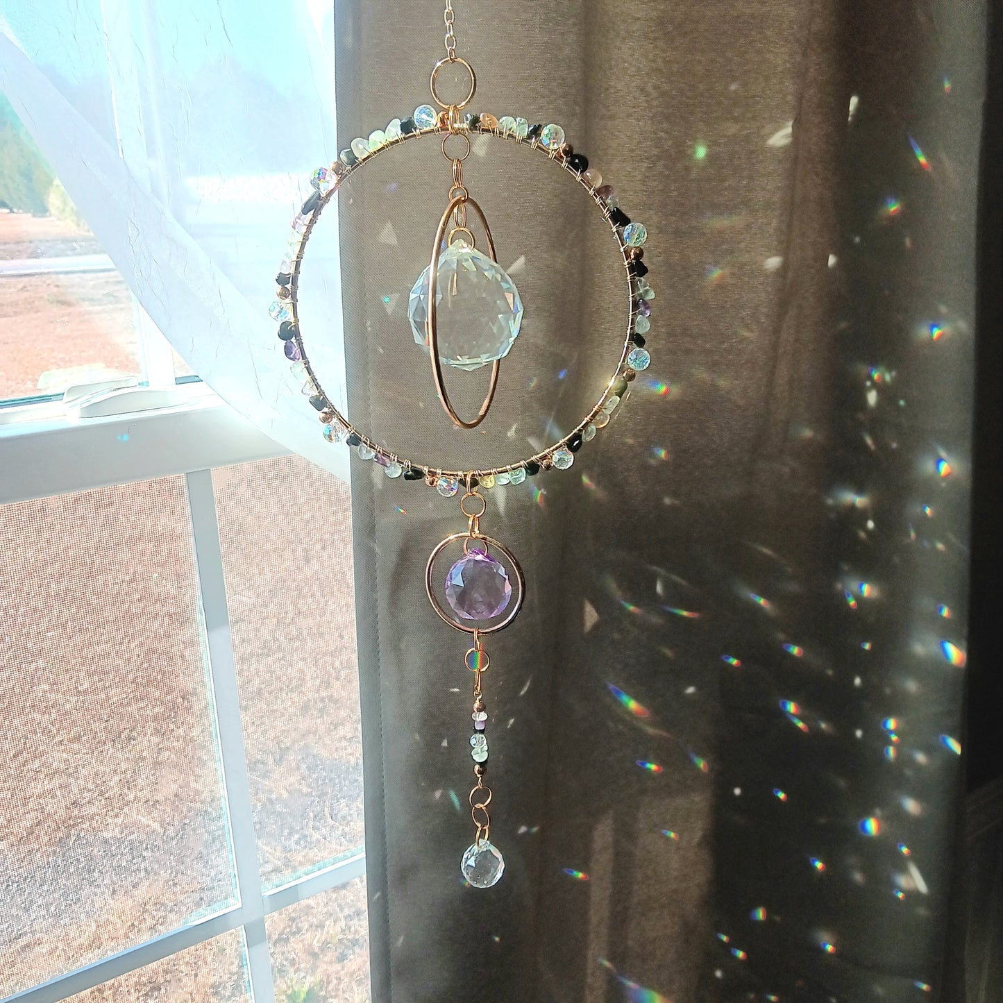 Crystal Quartz suncatcher Boho Chic with 3 rainbow maker prisms