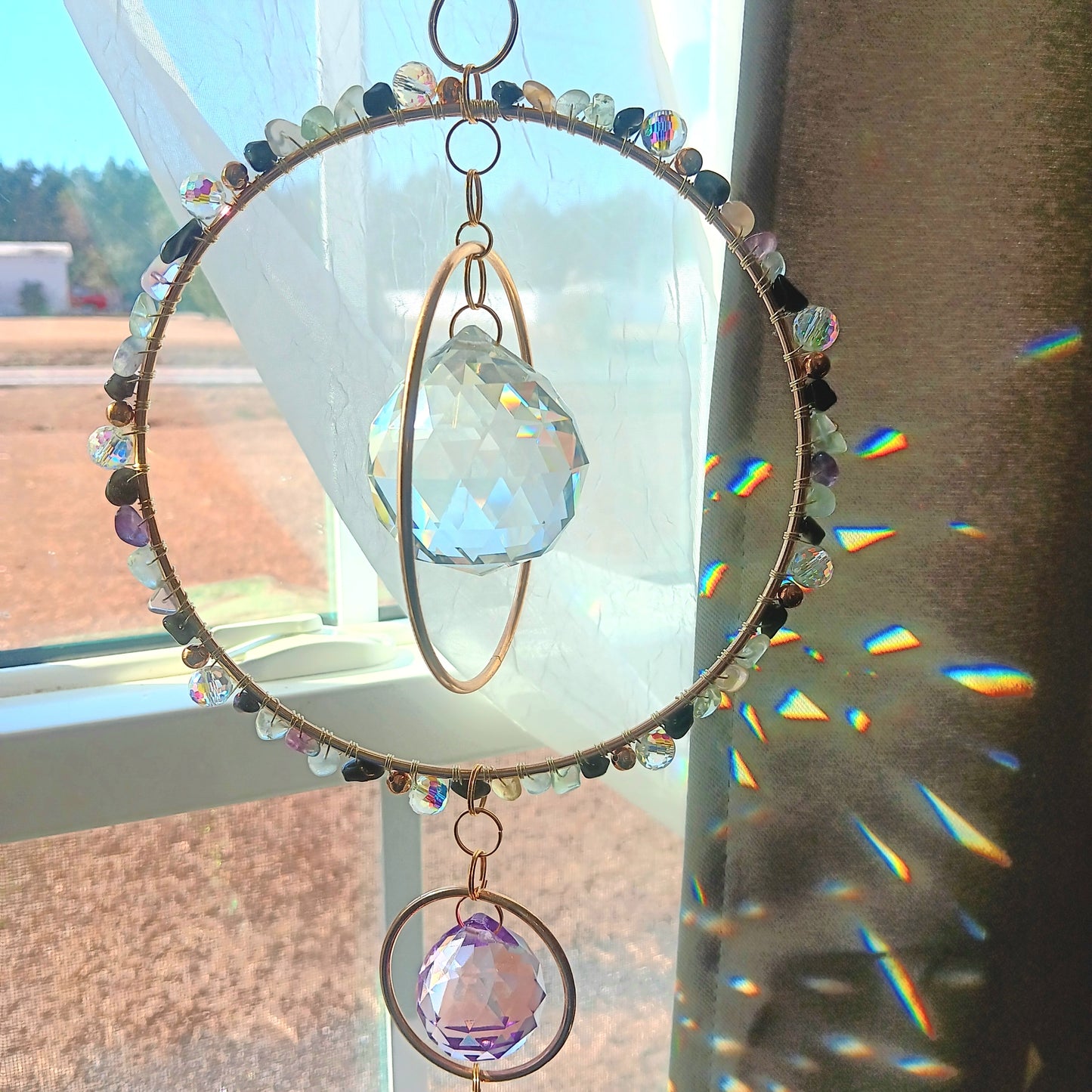 Crystal Quartz suncatcher Boho Chic with 3 rainbow maker prisms